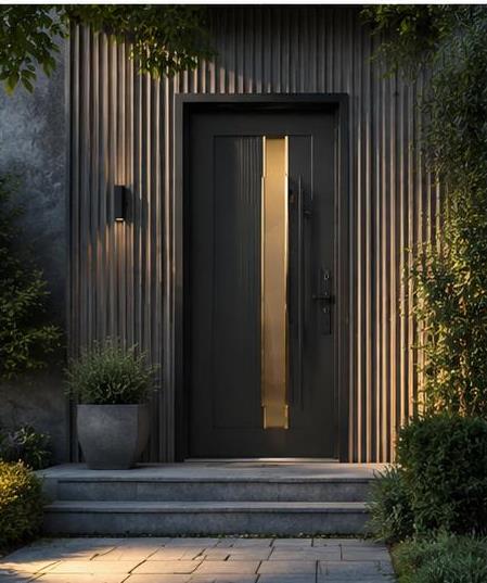 Entry door with vertical slat surround and brass accent