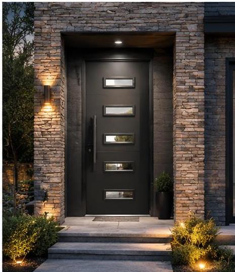 Black entry door with four glass lites and stone facade
