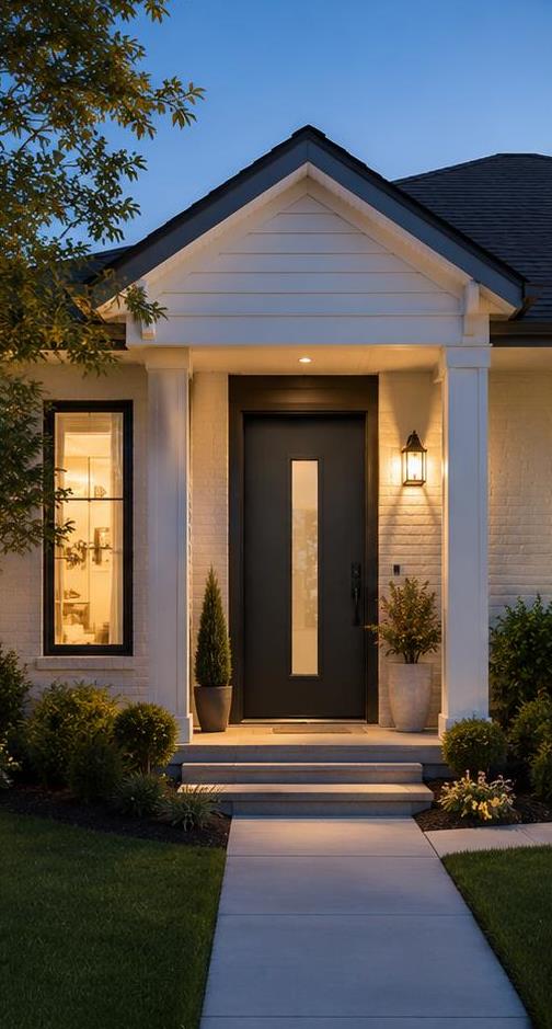 Covered porch with a black entry door and tall lite