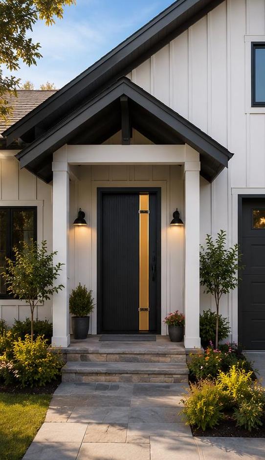 Board and batten home with a black entry door