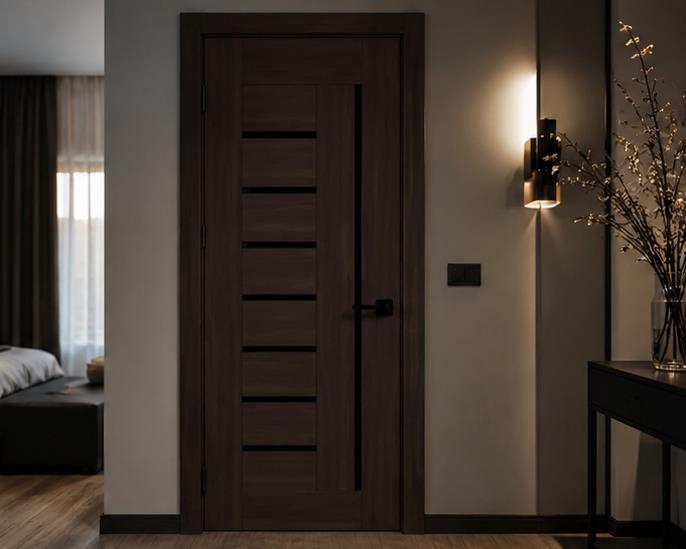 Dark walnut interior door with black glass slats