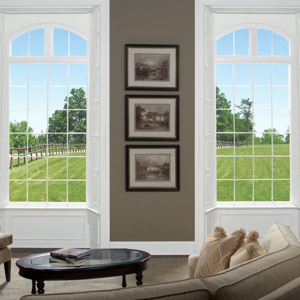 Arched picture windows in a living room